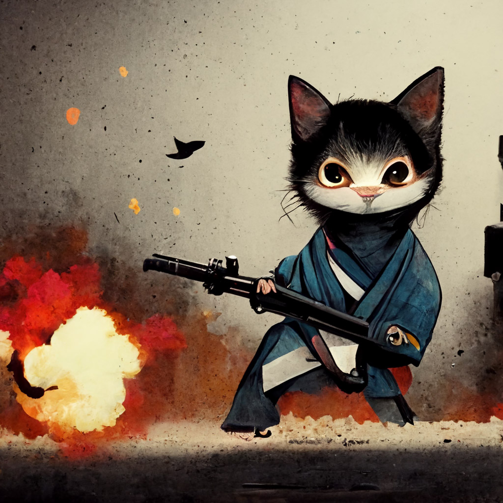 Hoy el query para la IA fue 'a ninja cat firing a machinegun' #RuletaRusa